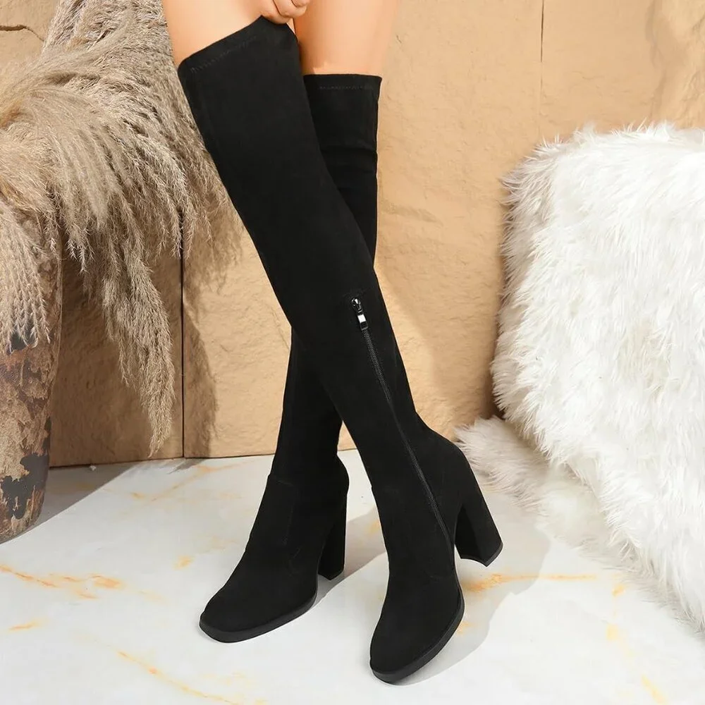 Women's Black 2 Thigh High Over The Knee Leather Heels Long Sexy Round Toe Boots